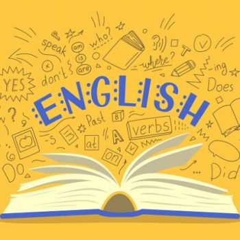 English. Open book with language hand drawn doodles and lettering on yellow background. Education vector illustration.