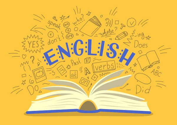 English. Open book with language hand drawn doodles and lettering on yellow background. Education vector illustration.